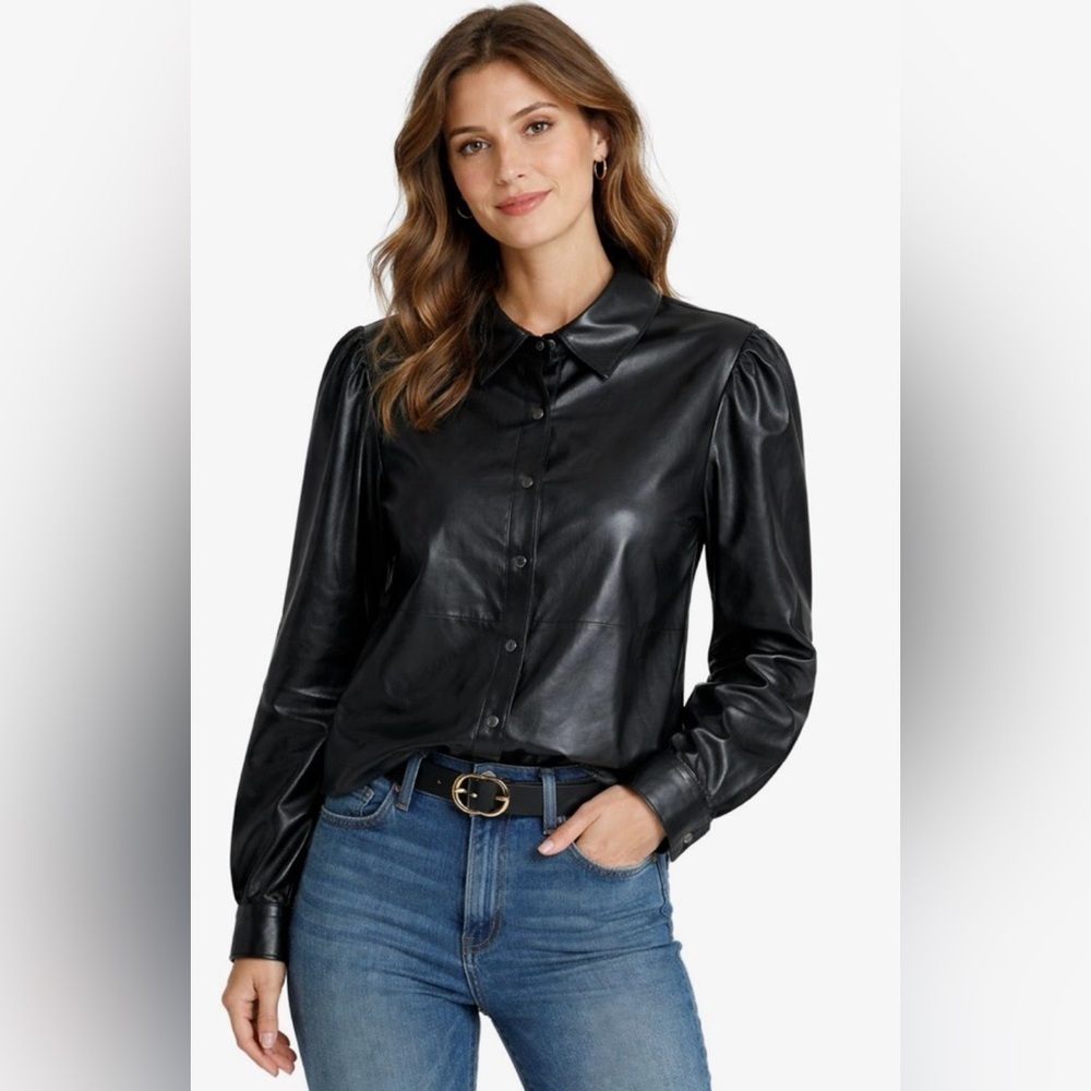 Another Love Black Faux Leather Button-Up Shirt Puff Sleeve Size M